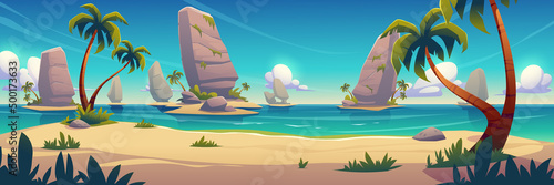 Sand sea beach with palm trees and mountains in water. Vector cartoon summer tropical landscape of ocean shore, seascape with islands with green trees, grass, rocks, and stones