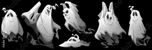 Ghosts, cartoon Halloween characters. Funny spooks emotions set. Spooky spirits personages different emoji smiling, yelling, say boo. Fantasy monsters, horror, phantom creatures, Vector illustration