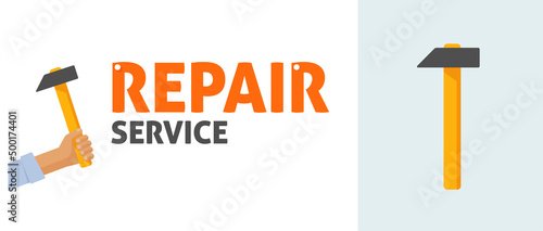 Handyman logo vector or carpenter joinery hand holding hummer flat logotype with hummer graphic icon isolated on white background cartoon illustration, repair service concept image
