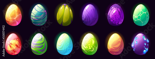 Colorful dragon eggs cartoon game assets. Magic or mythological creature, fantastic dinosaur or reptile fabulous phoenix bird color eggs, user interface elements with pimples, spots and glow shell set