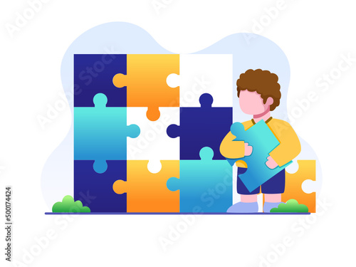 Happy Children Solve a  Jigsaw Puzzle. Preschool Children Playing Simple Puzzle. 
Can be used for web, banner, flyer, presentation, etc.