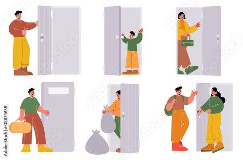 People open and close doors, men, women and kids persons enter open doorway. Isolated male and female characters leave home, lock with key, meet guest, throw garbage, Linear vector illustration, set