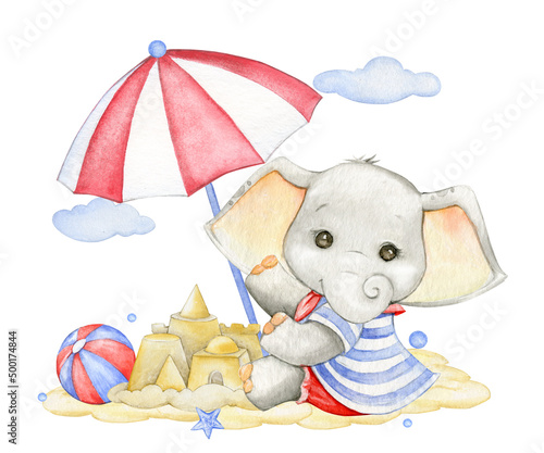 cute baby elephant, in a sailor suit, sand castle, umbrella, watercolor clipart, on an isolated background, in cartoon style.