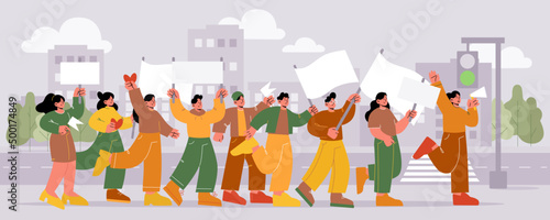 People with placards and banners protest on rally demonstration. Characters with red hearts, flags and signs crossing road at city street. Activists crowd picketing, Line art flat vector illustration