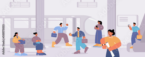 People at subway platform with train at metro station. Passengers hurry, stand, walk or sit on bench at underground tunnel. Characters use public transport, city life, Line art vector illustration