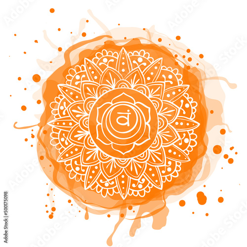 Swadhisthana chakra. Watercolor blot. Hand drawn sloppy vector art. Om sign. Orange circle. Sacral icon. Meditation