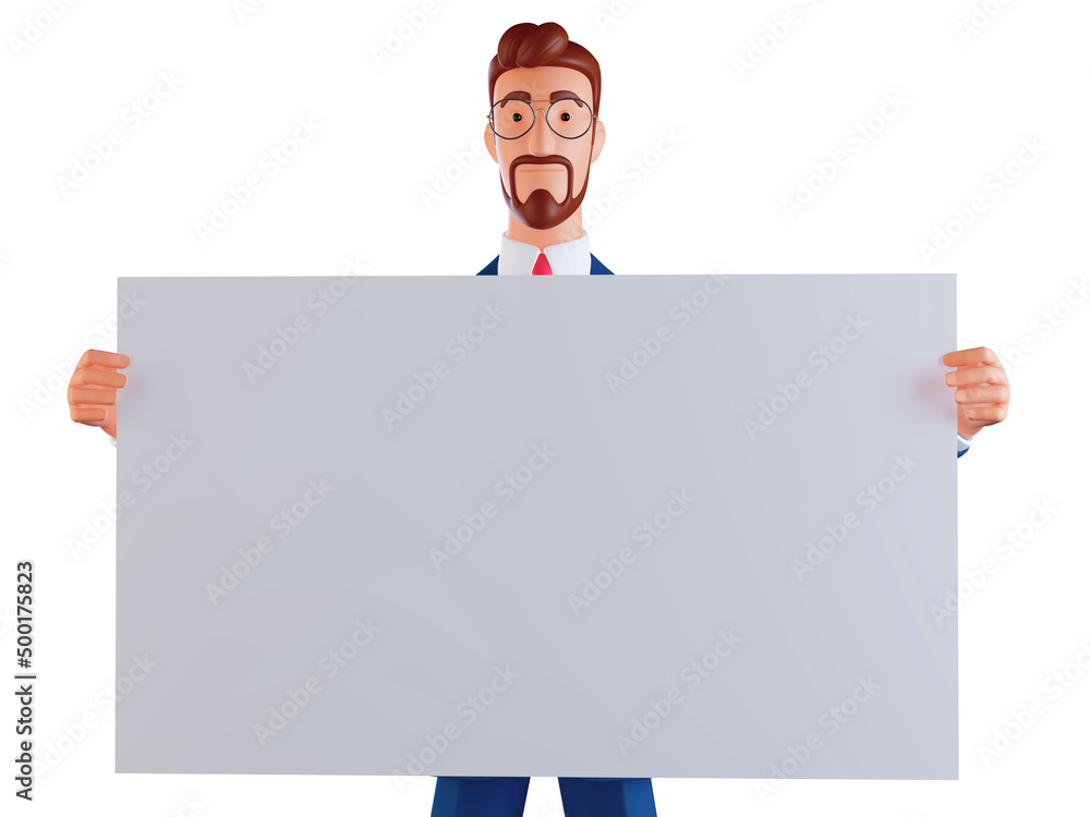 3d Portrait of businessman showing blank signboard, with copy space area for text or slogan, against a white background. 3d Portrait of businessman showing blank signboard, with copy space area for text or slogan, against a white background.