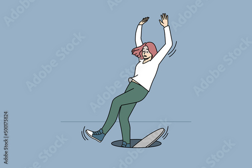 Clumsy unlucky woman fall in open hatch feel scared distressed with unpleasant accident. Female dangerous event or misfortune outdoors. Concept of risky affair or failure. Vector illustration.  photo