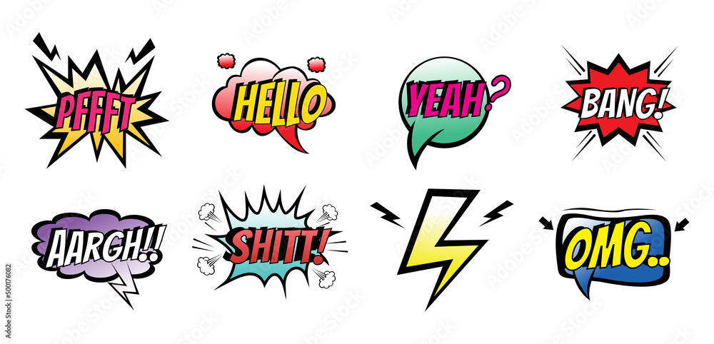 Comic speech bubbles set with different 

emotions and text Pffft, Hello, Yeah, 

Bang,Aargh, Shitt,Omg,lightning. Colorful 

comic chat bubbles isolated on white 

background.