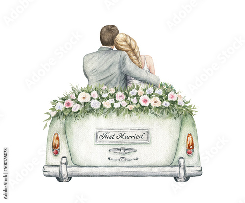 Just married couple in a vintage wedding car. Watercolor hand painted wedding romantic illustration on white background. Groom and bride. Romantic graphics for invitation, save the date, cards photo