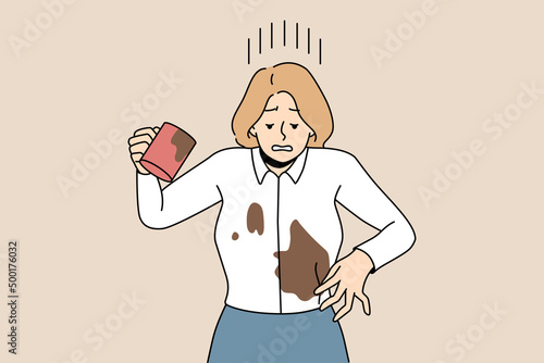 Distressed businesswoman spill coffee on blouse. Unhappy woman douse herself with drink. Clumsy careless female accident at workplace. Vector illustration, cartoon character. 