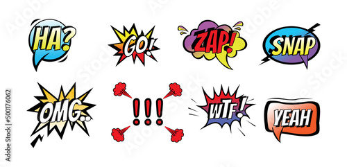 Comic speech bubbles set with different 

emotions and text Go,Ha,Zap,Snap,Omg, 

Wtf,Yeah. Colorful comic chat bubbles 

isolated on white background.
