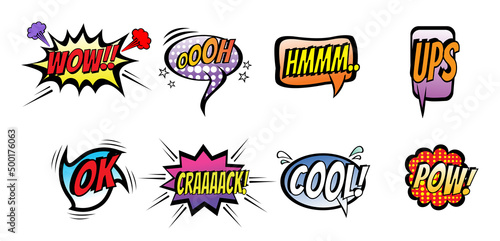 Comic speech bubbles set with differentemotions and text Wow, Oooh, Hmmm, Ups,Ok,Crack,Cool,Pow. Colorful comic chat bubblesisolated on white background. 