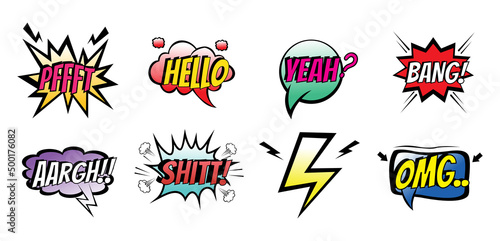 Comic speech bubbles set with differentemotions and text Pffft, Hello, Yeah,Bang,Aargh, Shitt,Omg,lightning. Colorfulcomic chat bubbles isolated on whitebackground.