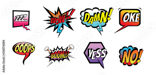Comic speech bubbles set with different 

emotions and text Zzz, Wow, Damn,Oke,Ooops, 

Boom,Yess,No. Colorful comic chat bubbles 

isolated on white background.
