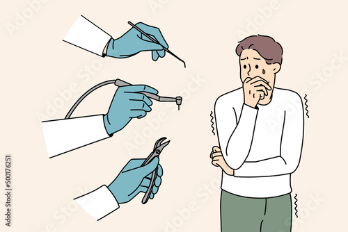 Stressed man scared of dental tools and equipment at dentist appointment. Unhappy guy afraid of teeth fixing distressed of doctor. Dentophobia concept. Flat vector illustration. 