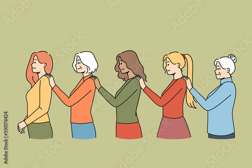 Diverse women in line holding each other with shoulders showing support and unity. Young and old female generations fighting for rights. Feminism and solidarity. Vector illustration. 