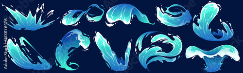 Water splash, vfx game cartoon video effects set. 2d liquid drops, crowns, flow and falling swirls isolated design elements. Blue water spray motion, spatter blast, drip or ripple, Vector illustration