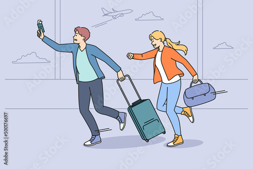 Worried couple tourists run in hurry for plane in airport. Man and woman travelers in rush not to miss flight going to vacation or trip. Travel and tourism concept. Vector illustration. 