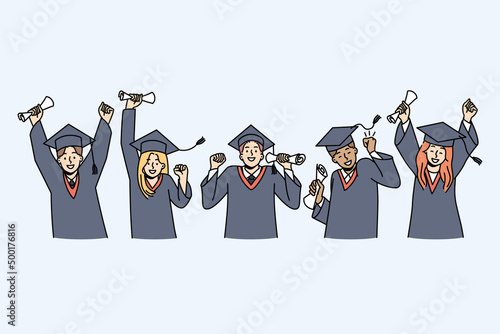 Excited young people in gowns and caps celebrate high school graduation. Happy girls and guys students triumph hold diplomas graduate collage or university. Education. Vector illustration. 