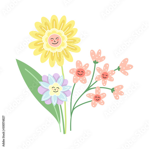 Smiling Flowers on Stalk with Petal and Green Leaf Vector Illustration