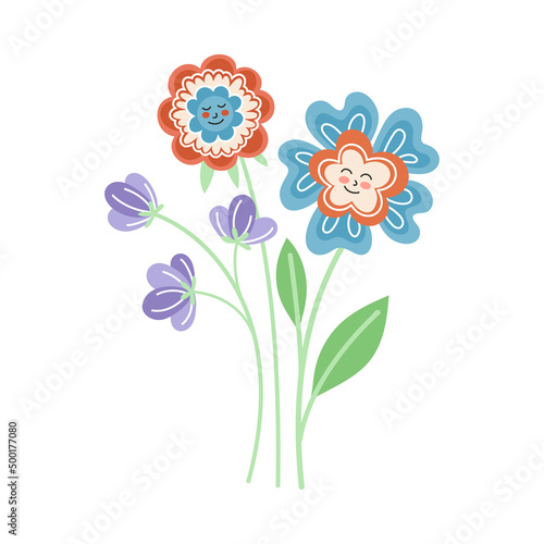 Smiling Flowers with Petal on Green Stem with Leaf Vector Illustration