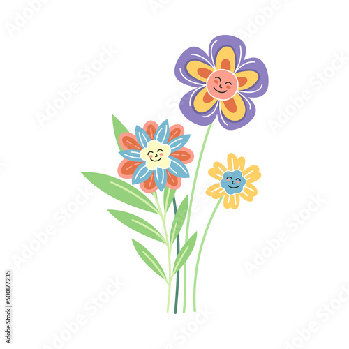 Smiling Flowers with Petal on Green Stem with Leaf Vector Illustration © Happypictures
