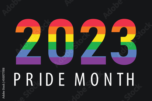 2023 in rainbow LGBTQ flag colors isolated on black background. Vector logo symbol of LGBTQ pride month 2023, template for banner, card, poster with text.