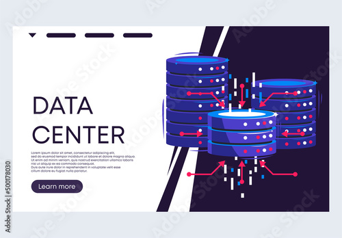 Vector illustration banner template for a website, data center, disks for storing information, data is stored in a cloud service