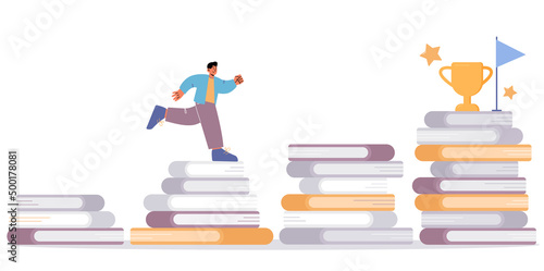 Man climbing up the book stairs with trophy cup and flag on top. Education knowledge and learning via reading. Character studying, self development and goal achievement Linear flat vector illustration