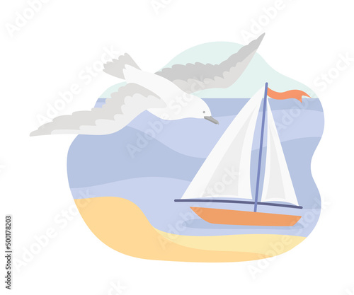 Sailing Boat Floating in Sea with Flying Seagull Vector Illustration