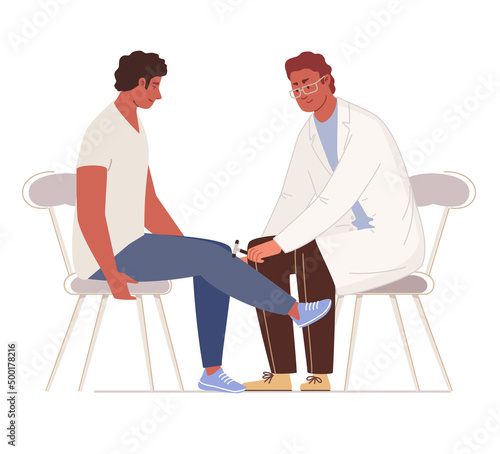 Patient at neurologist's appointment. Doctor taps with neurological hammer on knee of seated man. Isolated on white background. Vector characters flat cartoon illustration.