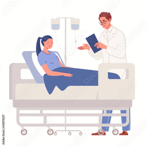 Doctor is talking to sick sad young woman lying in hospital bed under intravenous drip. Concept of healthcare and medicine. Vector characters flat cartoon illustration.
