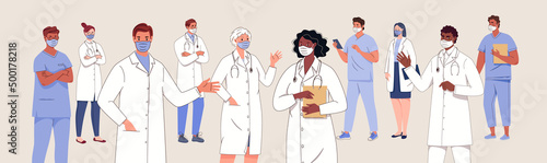 Team of doctors. Ambulance, medical insurance. Portraits of physicians and nurses, employees of hospital or laboratory. Vector characters isolated on background. Illustration in flat cartoon style.