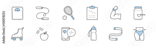 Healthy lifestyle icons with sport equipment, muscular arm, diet food, scale and measure tape. Vector hand drawn signs of fitness, exercises and health with water bottle, apple and slim waist