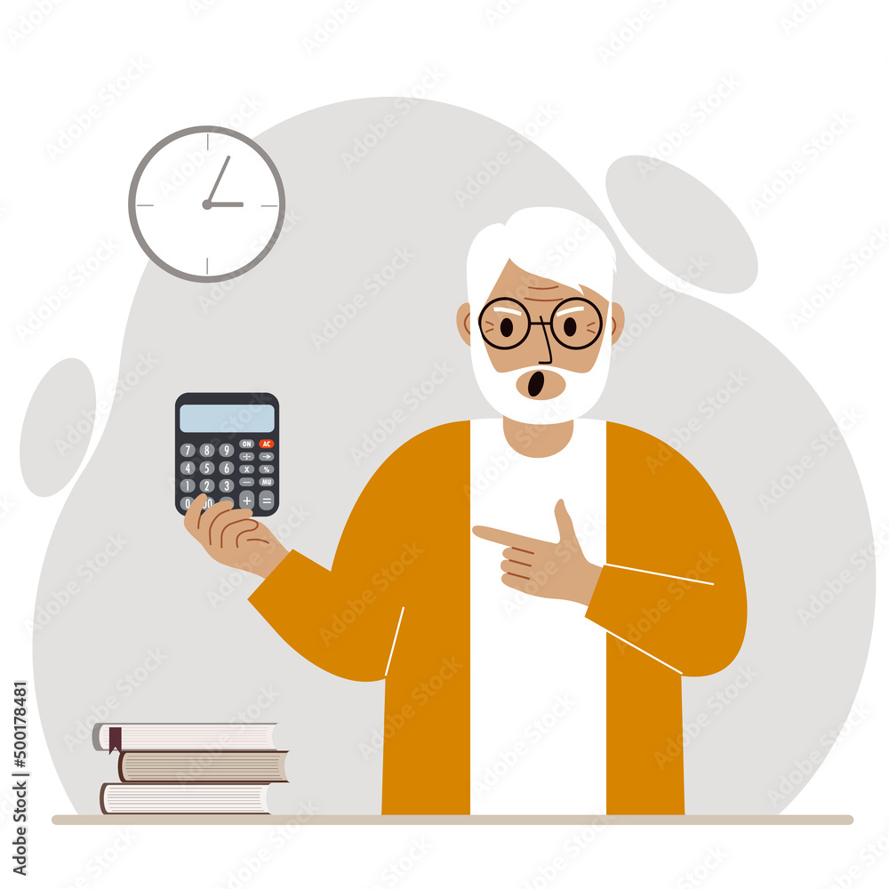 Angry screaming grandfather holds a digital calculator in his hand and points to the calculator with the other hand.