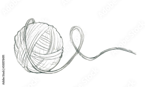 Hand-drawn graphite pencil sketch of ball of thread for embroidery, knitting. Freehand pencil drawing isolated on white