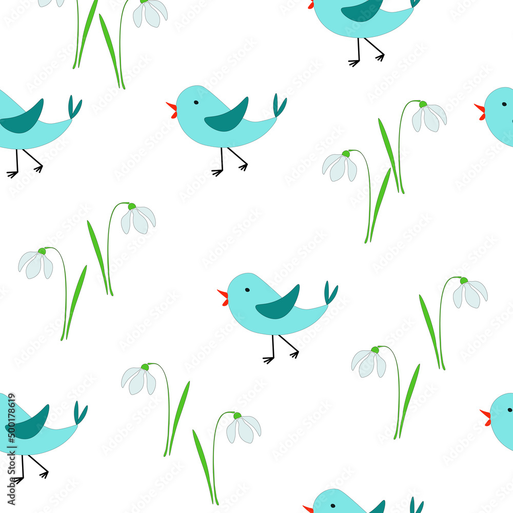 Seamless pattern abstract blue birds, snowdrops on white background. Cute bluebirds, galanthus childish print, vector eps 10