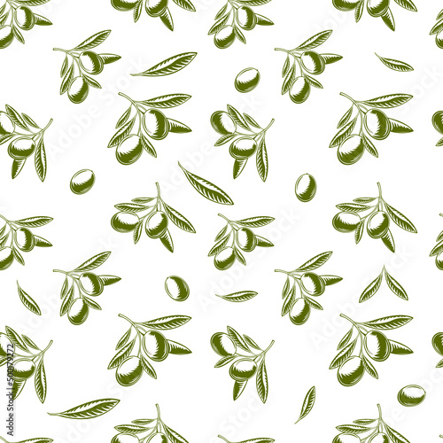 Pattern, olives on branches with leaves. Vector illustration.
Design, background, print.