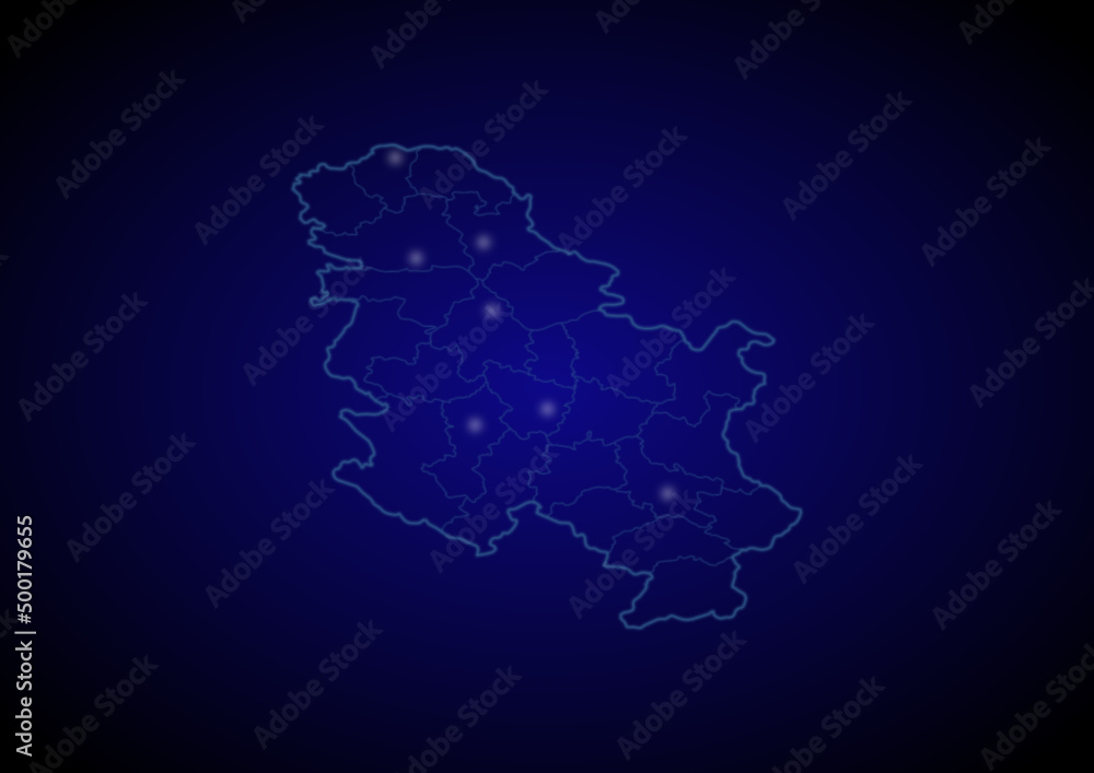 Serbia concept vector map with glowing cities, map of Serbia suitable for technology,innovation or internet concepts.