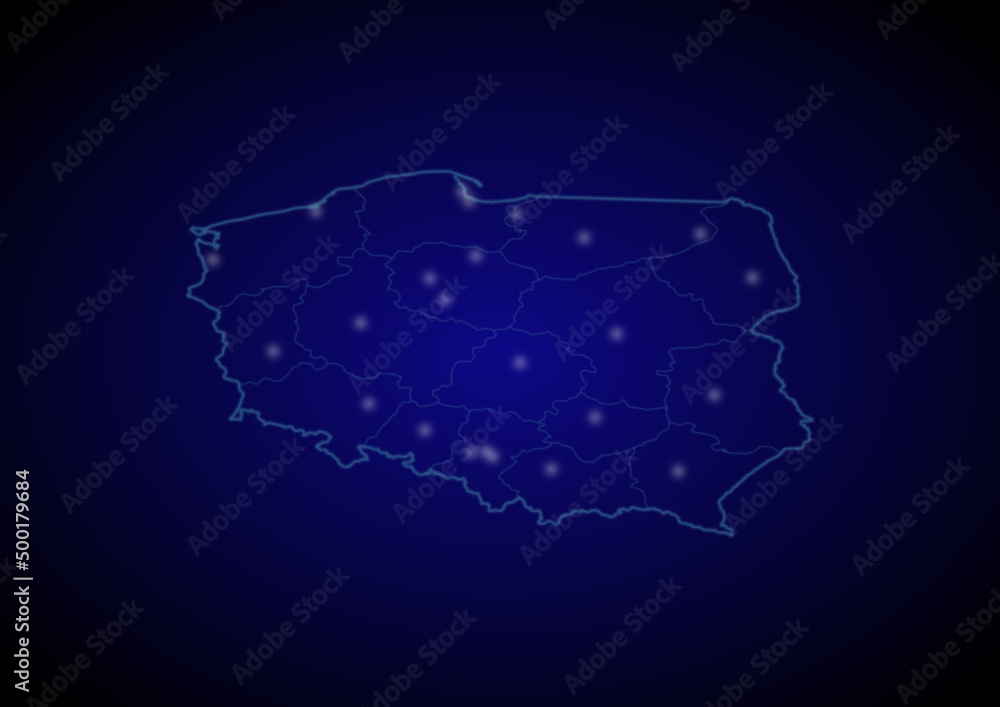 Poland concept vector map with glowing cities, map of Poland suitable for technology,innovation or internet concepts. Poland concept vector map with glowing cities, map of Poland suitable for technology,innovation or internet concepts.
