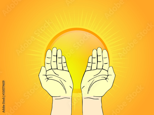 Praying Hands on the sun of orange background, Vector Illustration. It's a religious prayer design concept. Freedom and spirituality concept, Isolated Praying Hands, Human hands open palm up worship
