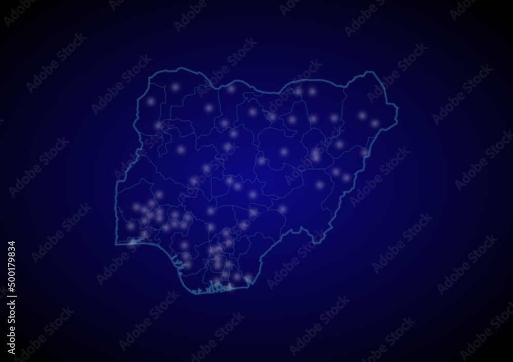 Nigeria concept vector map with glowing cities, map of Nigeria suitable for technology,innovation or internet concepts.