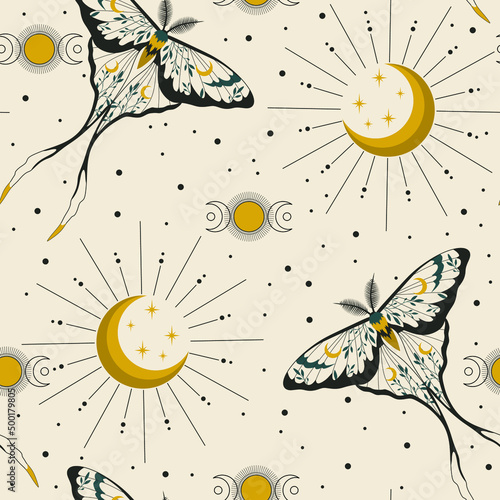 Magic seamless pattern with butterflies and crescents. Boho magic background with space elements stars, moth. Trendy texture for print, textile, packaging.
