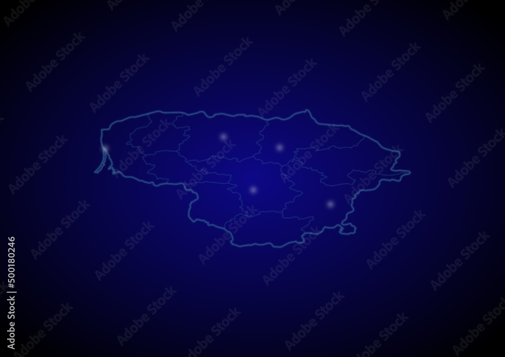 Obraz premium Lithuania concept vector map with glowing cities, map of Lithuania suitable for technology,innovation or internet concepts.