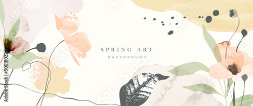 Abstract spring season floral background. Luxury blossom wallpaper with flowers, blooms, foliage, leaves and flower petals. Warm tone watercolor texture perfect for cover, print, decoration, banner.