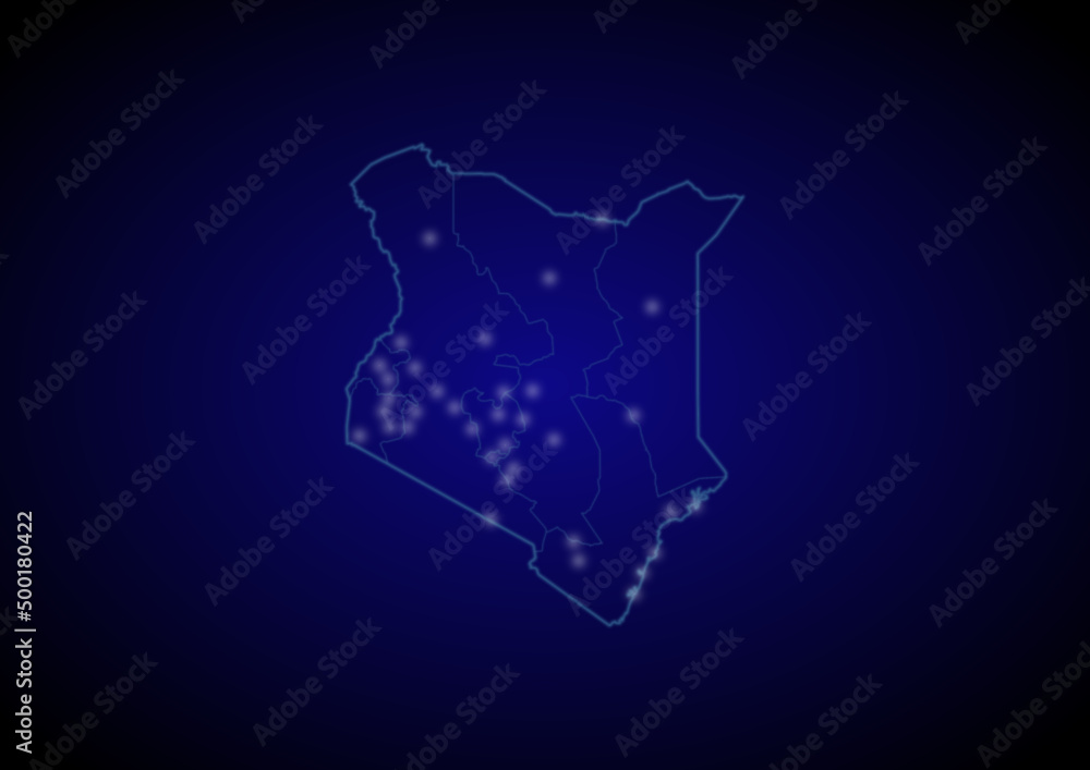 Obraz premium Kenya concept vector map with glowing cities, map of Kenya suitable for technology,innovation or internet concepts.
