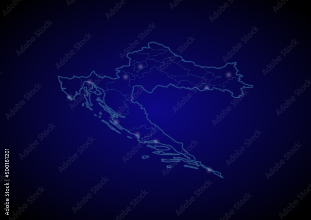 Croatia concept vector map with glowing cities, map of Croatia suitable for technology,innovation or internet concepts.