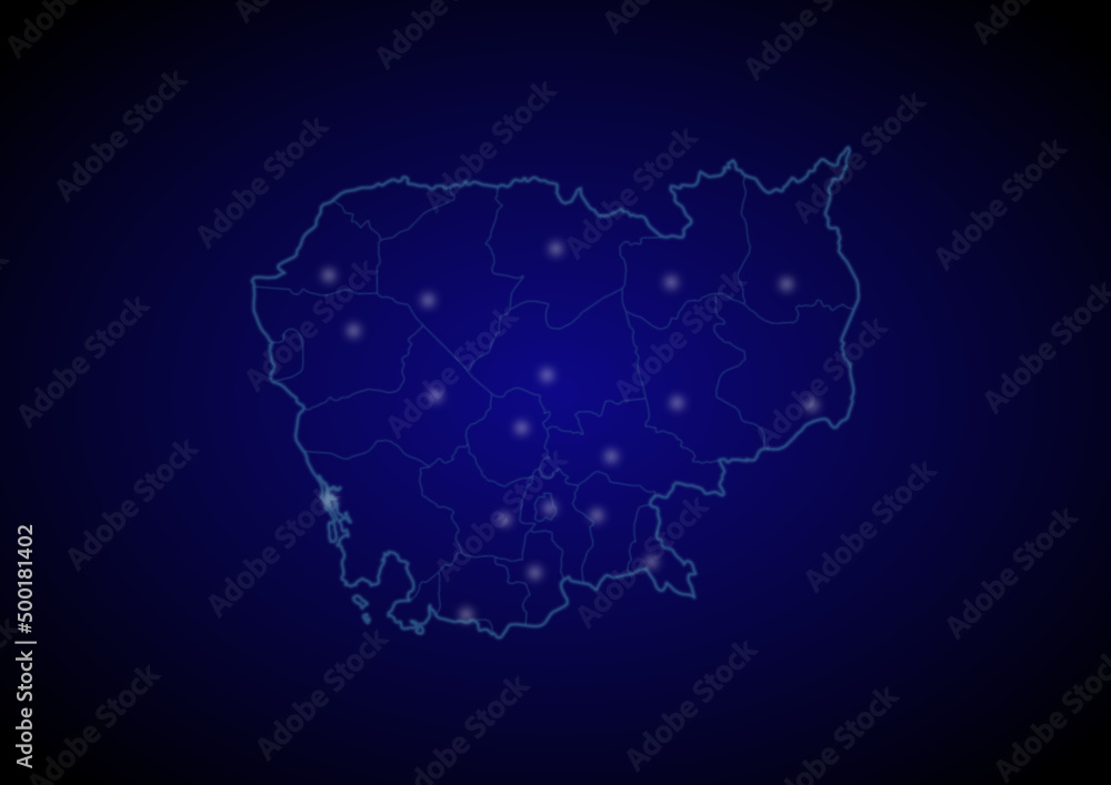 Cambodia concept vector map with glowing cities, map of Cambodia suitable for technology,innovation or internet concepts. Cambodia concept vector map with glowing cities, map of Cambodia suitable for technology,innovation or internet concepts.