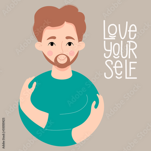 Mens postcard Love yourself. handsome man with beard and mustache hugs himself. Concept Love yourself and take time to care for yourself. Vector illustration. Cute male character in flat style